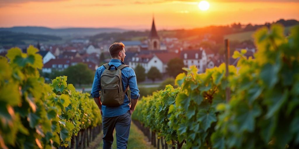 Junger Winzer im Weinberg bei Sonnenuntergang