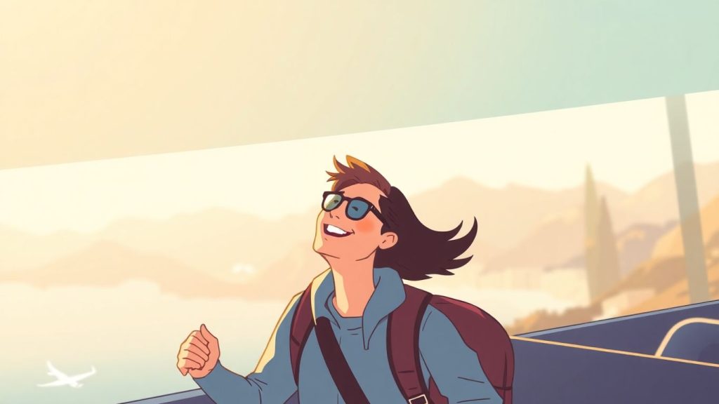 Reisende Person mit Schutzschild vor Reiseziel