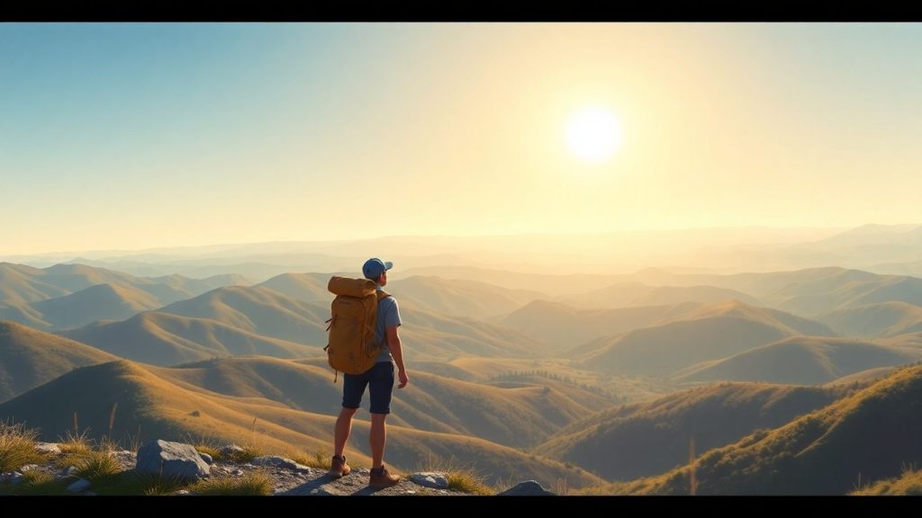Rucksacktourist auf Bergspitze blickt in weite Landschaft