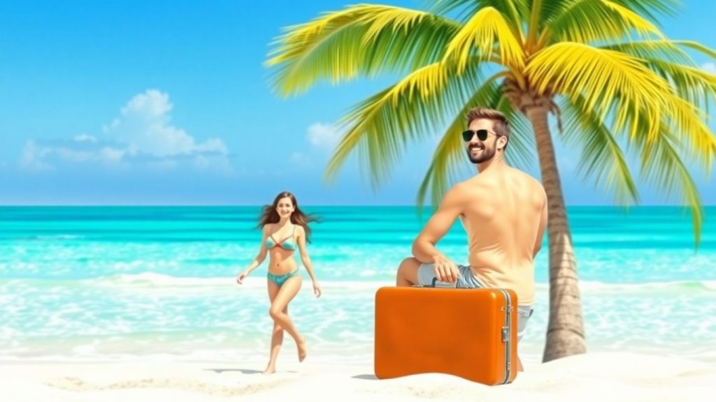 Glückliches Paar am Strand mit Koffer