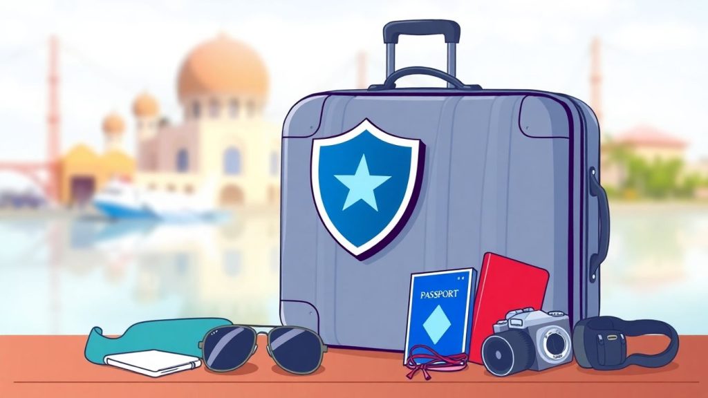 Reisekoffer mit Schutzschild und Reiseutensilien